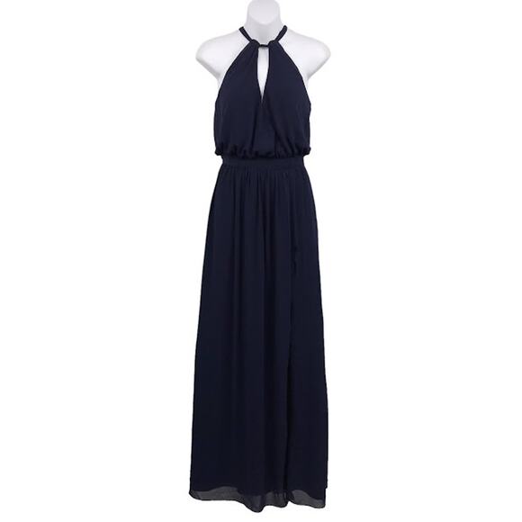 WATTERS Navy Fleurette Gown 10 Crinkle Chiffon Halter Keyhole Neck Sleeveless - Picture 1 of 5